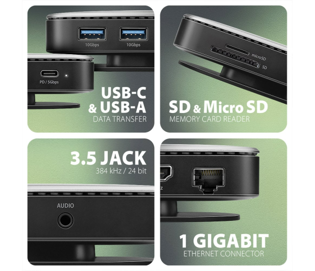 AXAGON HMC-UFO Wieloportowy hub USB 9in1, 10Gbps, 2x USB-A, HDMI 4K/60Hz, M.2 NVMe/SATA, audio, PD 100W, SD/microSD, GLAN, 65cm USB-C kabel - 1485462 - zdjęcie 6